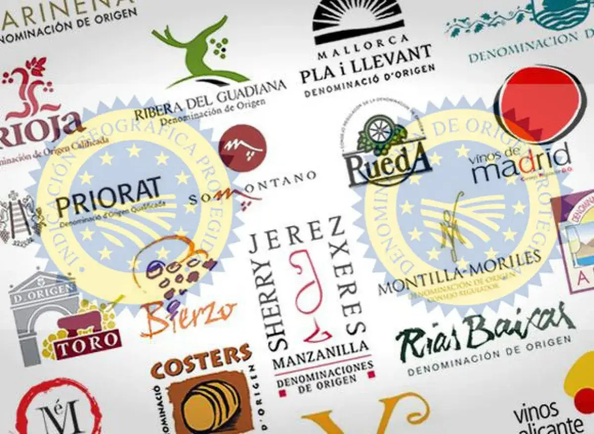 Logos de vinos españoles con Denominación de Origen: Rioja, Priorat, Jerez, Rueda, Madrid, Rías Baixas y más.