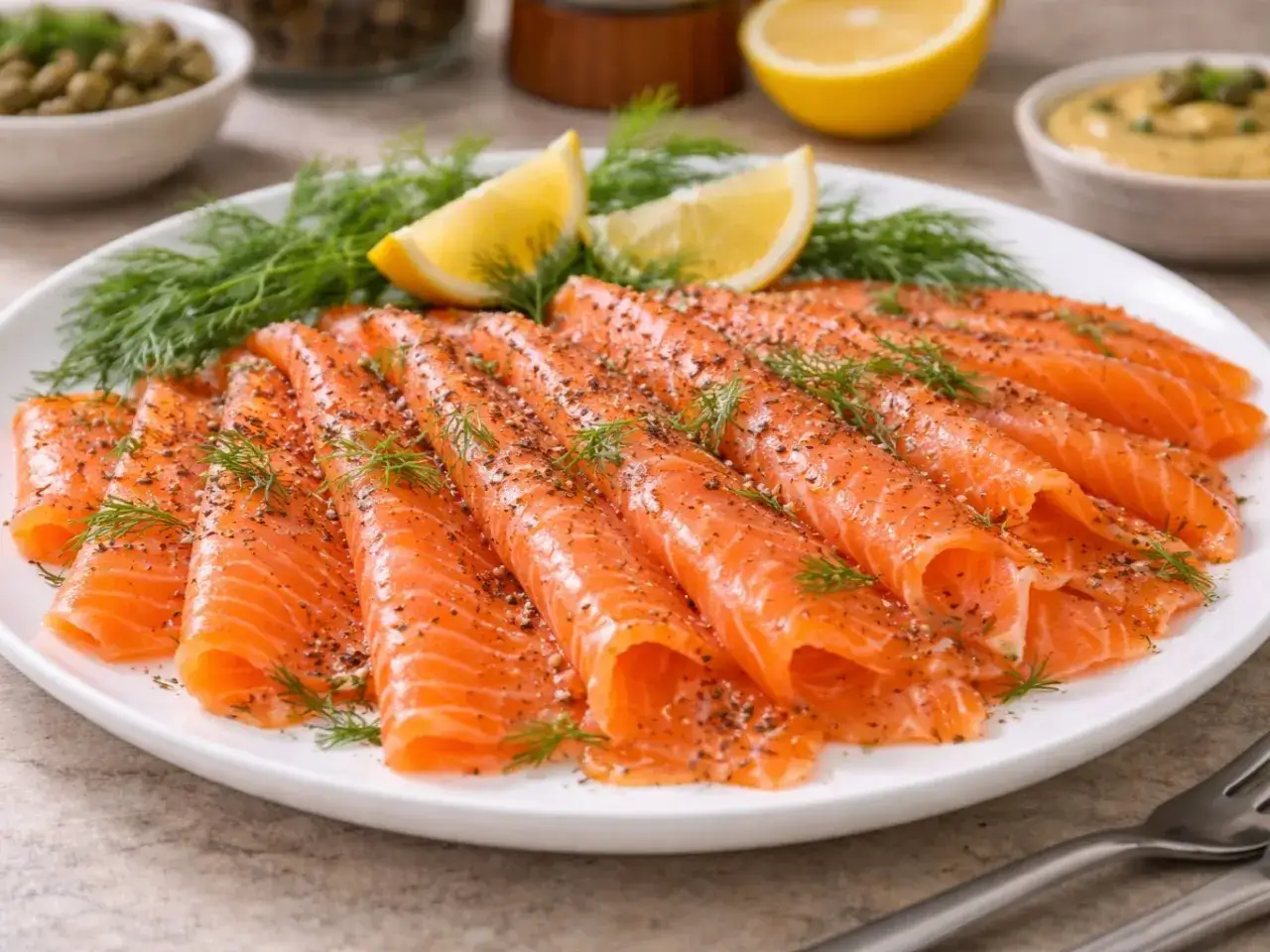 Delicioso salmón marinado en finas láminas, adornado con eneldo fresco y gajos de limón.