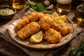 Crujiente bacalao rebozado servido en plato con gajos de limón y perejil picado. Acompañado de una salsa verde y cerveza.