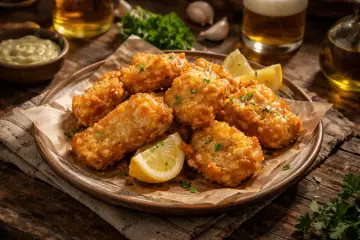 Crujiente bacalao rebozado servido en plato con gajos de limón y perejil picado. Acompañado de una salsa verde y cerveza.