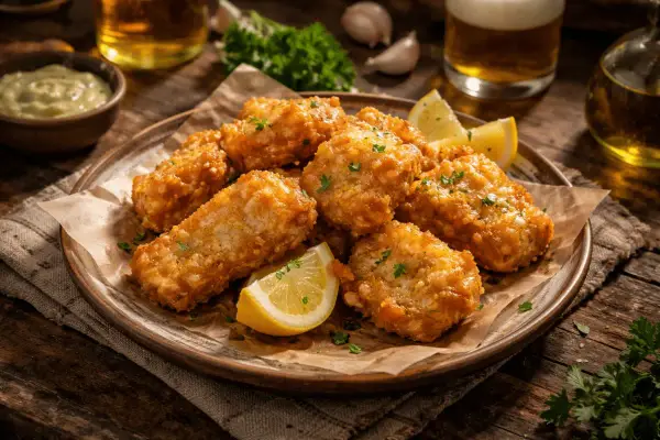 Crujiente bacalao rebozado servido en plato con gajos de limón y perejil picado. Acompañado de una salsa verde y cerveza.