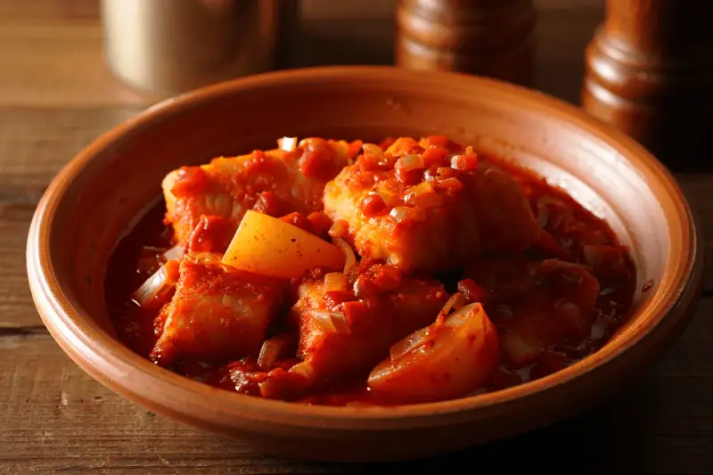 Bacalao a la vizcaina en cazuela de barro, con trozos de pimiento y cebolla en una salsa roja.