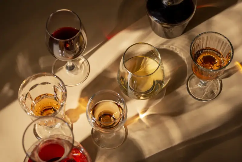 Copas de vino tinto y blanco, y una botella oscura, con reflejos de luz. El vino abierto se pone malo, mejor disfrutarlo pronto.