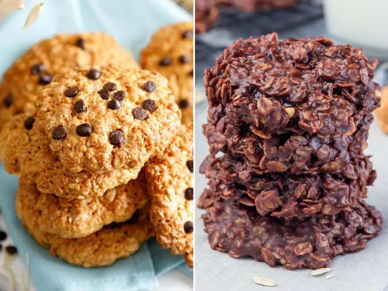 Dos tipos de galletas de avena y chocolate: unas clásicas con chispas y otras tipo "no-bake" oscuras y brillantes.