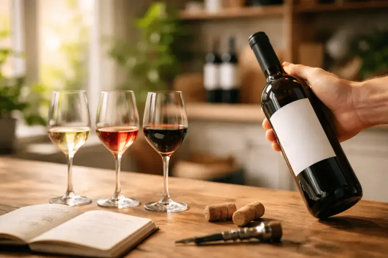 Mano sostiene botella de vino tinto, tres copas llenas y un libro abierto. ¿Que vino es mejor?